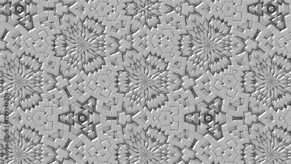 Poster many symmetrical kaleidoscopes as flowers, fractal 3d rendering backdrop, computer generating backgr