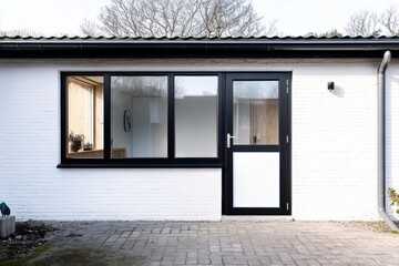 Modern entrance of a minimalist house showcasing large windows, bright natural light, and fresh outdoor surroundings in a contemporary setting