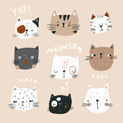 Set of cute cartoon cats heads and lettering quotes. Ready.print for nursery,apparel,cards. Vector Illustration