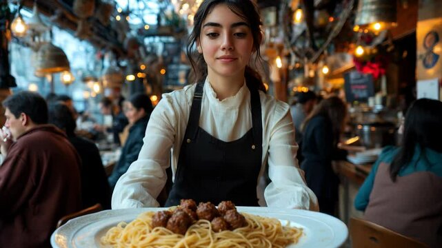 A woman is holding a plate of spaghetti with meatballs in front of a crowd of people. The atmosphere seems to be lively and social, as people are gathered around her, possibly waiting to be served