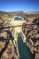 View from the Hoover Dam Bypass Bridge to the dam wall of the Hoover Dam, Hoover Dam, Dam, near Las...