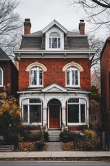This stunning red brick house boasts elegant arched windows and intricate details, nestled in a peaceful neighborhood that beautifully embodies the charm of autumn