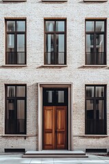 Obraz premium The stunning modern facade features a large, inviting wooden door flanked by symmetrical windows, all set against a tranquil urban backdrop bathed in daylight