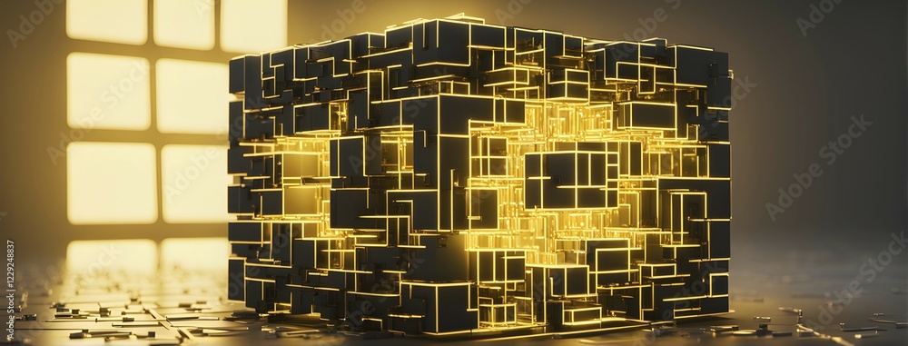 Aufkleber three dimensional render of a yellow glowing blockchain cube, ai generated