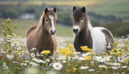 Obraz premium KI generated, animal, animals, mammal, mammals, biotope, habitat, two, flower meadow, foraging, wildlife, meadow, pasture, Exmoor pony, horse, horses, ungulates, English pony breed, South West England, Exmoor, (Equus ferus caballus), foal