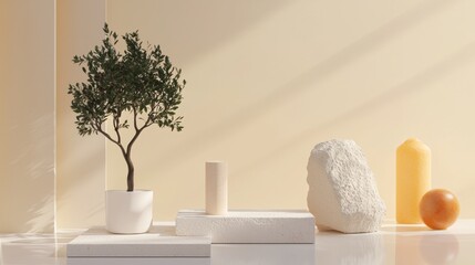 Minimalist decor with plants and ceramics in warm natural light