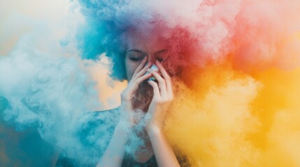 Creative portrait of a woman with colorful smoke clouds