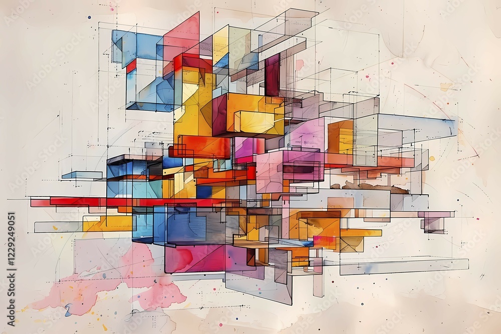Poster dynamic abstract painting with colorful geometric shapes overlapping in a cubist style, bio architec