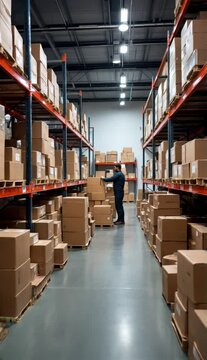 Almac&eacute;n con cajas de cart&oacute;n y hombre al fondo trabajando. Travelling