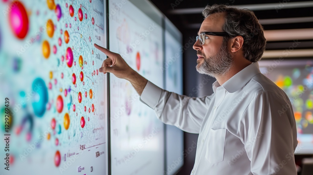 Poster scientist analyzing data on interactive whiteboard in modern laboratory