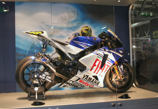 Verona, Italy : 2025 01 24 MBE Motor Bike Expo Custom Motorbike and Custom Muscle Car Event Custom Valentino Rossi's Yamaha YZR-M1 on Display