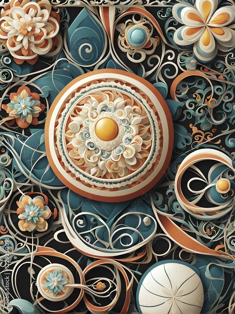 Poster a whimsical abstract pattern with intertwined ribbons, eggs, and floral motifs, with a mix of sharp 