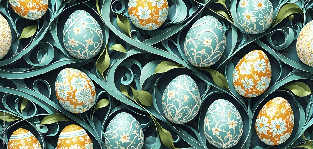 Poster a whimsical abstract pattern with intertwined ribbons, eggs, and floral motifs, with a mix of sharp 