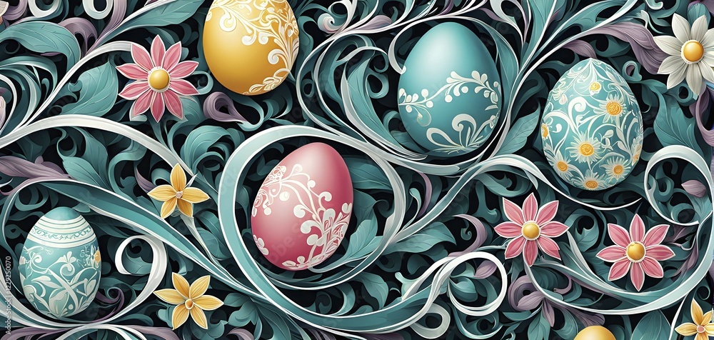 Poster a whimsical abstract pattern with intertwined ribbons, eggs, and floral motifs, with a mix of sharp 