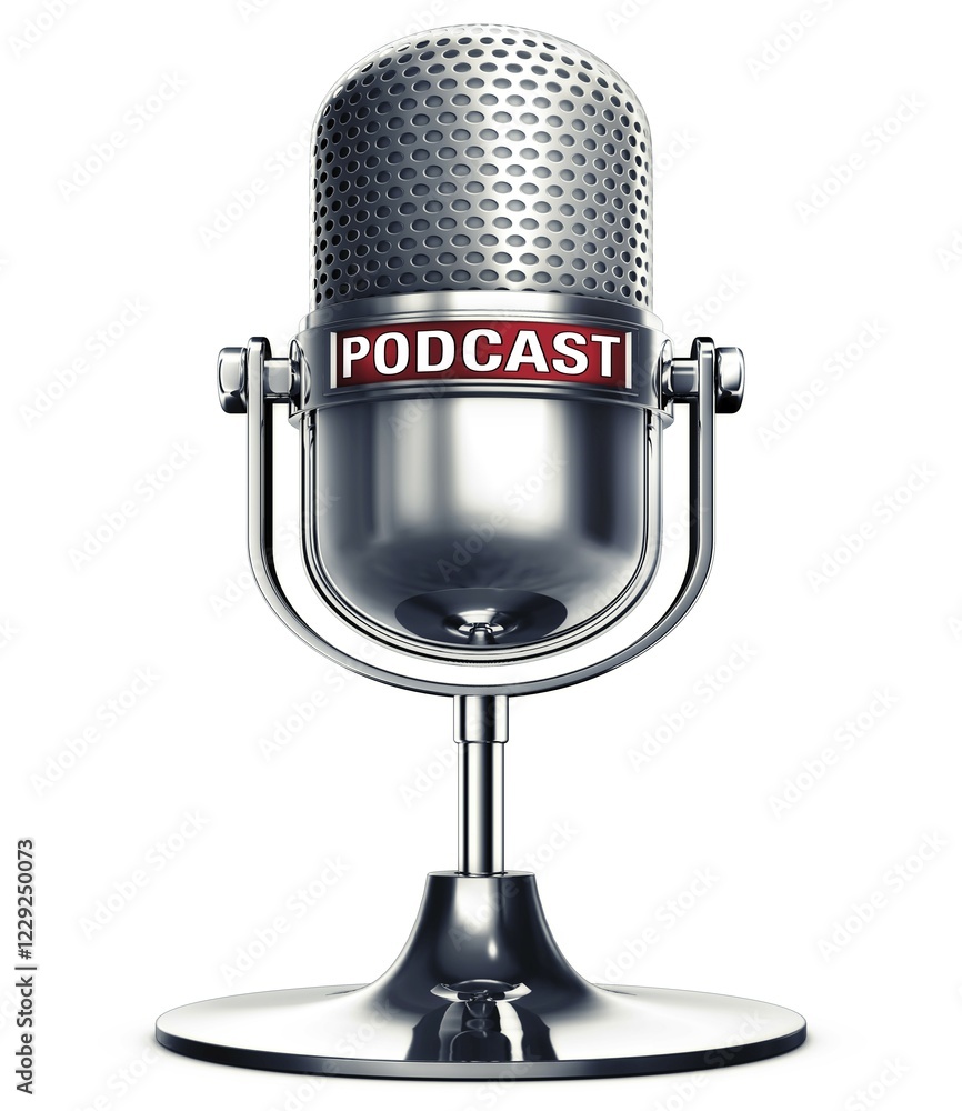 Poster 3d rendering of a microphone with a podcast icon