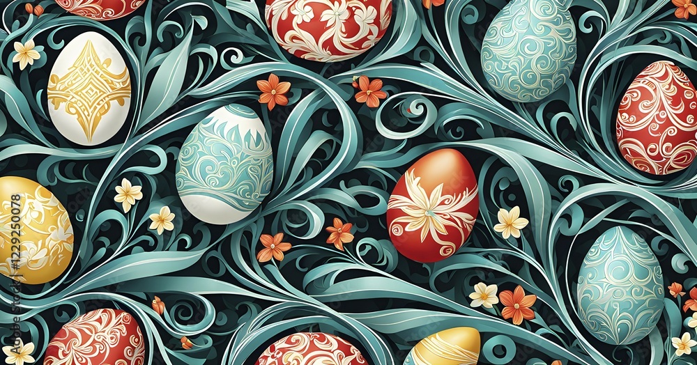 Poster a whimsical abstract pattern with intertwined ribbons, eggs, and floral motifs, with a mix of sharp 