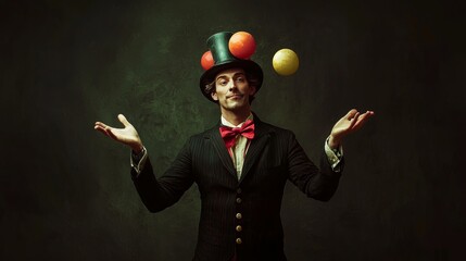 Whimsical portrait of a juggler with colorful props