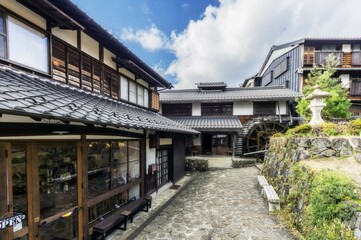 Houses with water wheel, Magome, Kiso Valley, Japan, Asia