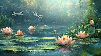 Enchanted Water Lily Pond: Pink water lilies bloom serenely on a tranquil pond, dragonflies dance in the sunlit air, creating a magical, ethereal scene. 
