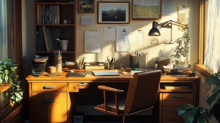 A home office setup with a rustic wooden work desk, a comfortable chair, and various office supplies neatly arranged on the desk, bathed in natural light
