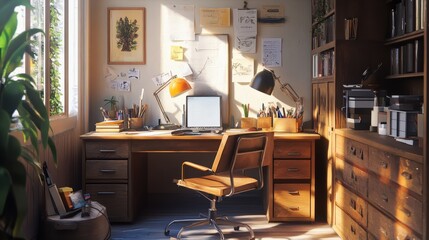 A home office setup with a rustic wooden work desk, a comfortable chair, and various office supplies neatly arranged on the desk, bathed in natural light