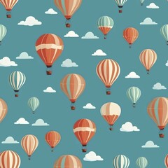 Obraz premium Whimsical illustration of red and white hot air balloons floating against a teal sky with scattered clouds, Seamless pattern, AI generated