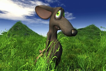 Cartoon image of a mouse looking shy in a field