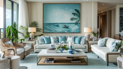 A serene and stylish Hawaiian luxury living room with seafoam and aqua tones, upscale decor, and an artistic statement wall.