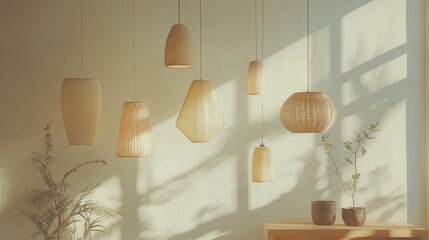 A set of vintage and contemporary pendant lamps hanging in a showroom, arranged aesthetically against a white backdrop