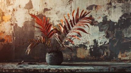 Rustic vase with tropical leaves against a textured wall