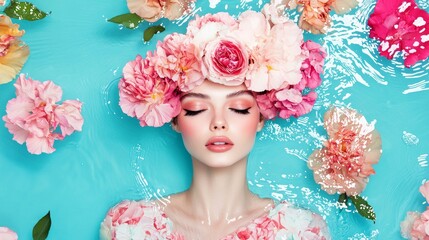 Naklejka premium Floral portrait of a woman wearing a crown of fresh flowers