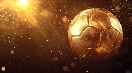 Football, football banner template. Sports poster, Leather soccer ball spinning, high detail, sun and stars sparkling in the background 