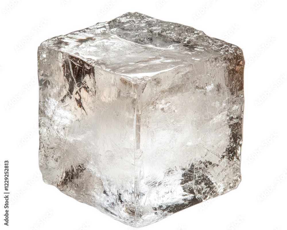 Poster clear ice cube with smooth surface, isolated on transparency background, showcasing its crystalline 