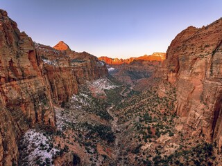 View from Canyon Overlook into Zion Canyon with snow, at sunrise, back left Bridge Mountain, Zion National Park, Utah, USA, North America
