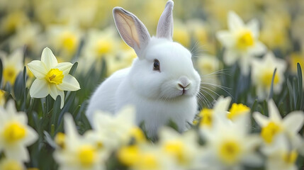 Fototapeta premium White bunny sitting in spring daffodil field, Easter