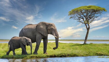 Fototapeta premium KI generated, animal, animals, mammal, mammals, biotope, habitat, one, single animal, foraging, wildlife, Africa, african elephant (Loxodonta africana), river, water