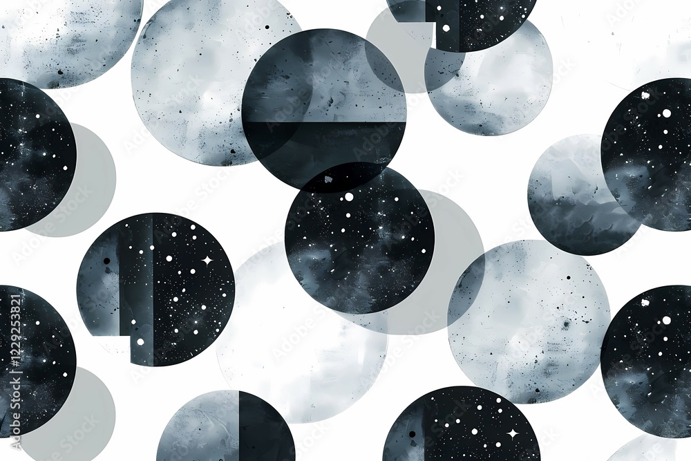 Poster abstract pattern with overlapping circles in various shades of blue and space-like textures, illustr