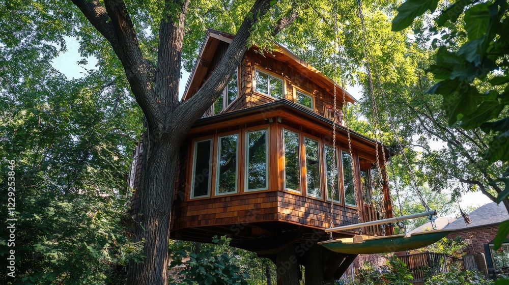 Poster large treehouse featuring a tree swing attached to a sturdy branch