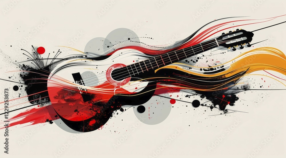 Poster colorful abstract rendering of a guitar with red and yellow elements and dynamic splatters, ai gener