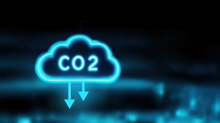 A glowing blue neon cloud with arrows pointing down and the word CO2, representing carbon capture technology and reducing CO2 emissions