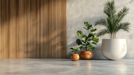 Modern interior with wooden panels and lush green plants