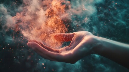 Fototapeta premium Fiery orange powder scattering from a hand in dramatic lighting