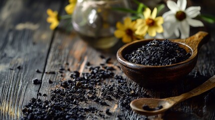 Rustic setup with black tea leaves and wildflowers on a wooden table