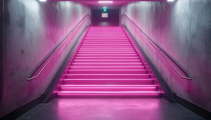 Pink neon stairs, underground passage, exit ahead, concrete walls, modern architecture
