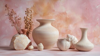 Minimalist ceramic vases with seashells on a soft pink backdrop