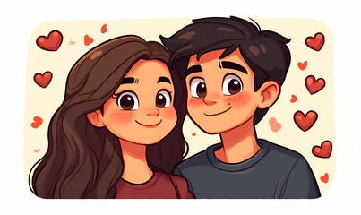 Couple's digital portrait, hearts background, romantic illustration, Valentine's Day card