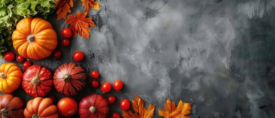 Assorted pumpkins, autumn leaves, and vegetables on a light background. Flat lay composition for autumn design and print. Harvest and Thanksgiving concept. Top down view of various vegetable. AIG55.