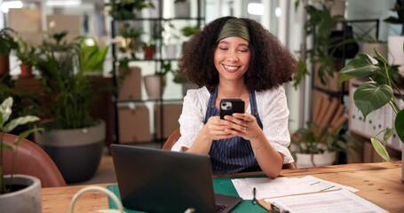Laptop, phone and smile with woman in flower shop for online order or sale of floral decor. App,...