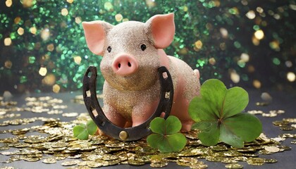 AI generated, A lucky charm for New Year's Eve, Pig, Piggy, Horseshoe, Shamrock confetti, Happy New Year, Happy New Year, AI generated
