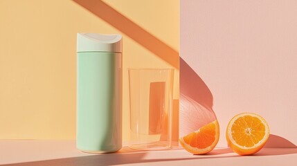 Light green water bottle with a white lid on the left side, a tall glass on the right side, and two halves of an orange on the bottom right corner.